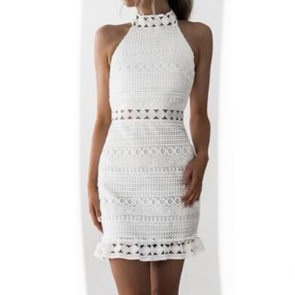 White Lace Crochet Cut Out Design High Neck Sleeveless Mini Dress